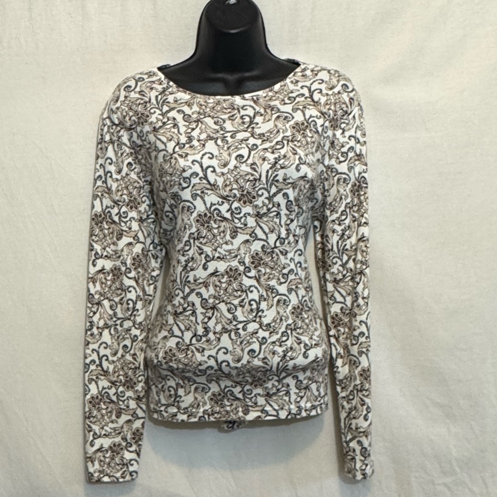 I-30 St. John’s Bay Cream & Brown Long Sleeve Pullover Blouse Size L